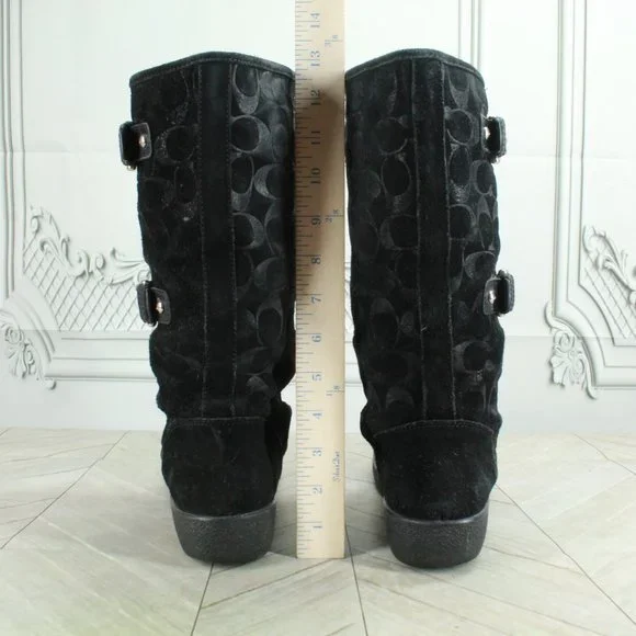 Coach Tinah Monogram Black Suede Lined Buckle Mid Calf Boots Size 7.5 B - Picture 8 of 9